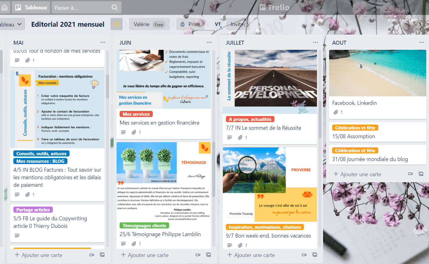 Vue d'un calendrier éditorial des publications sur Trello