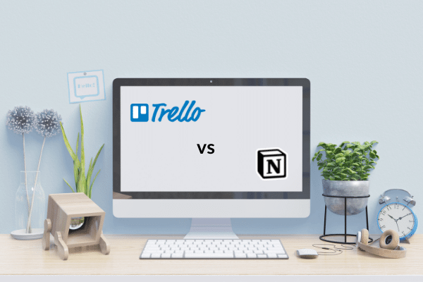 Pourquoi basculer de Trello à Notion ? Ecran ordinateur avec logo Trello et Notion.