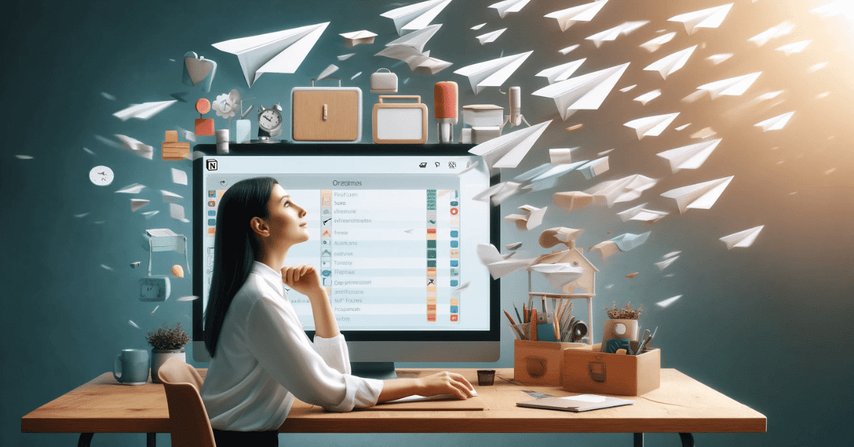 Comment migrer de Trello à Notion efficacement ? Un femme travaillant sur Notion, l'esprit libre en regardant ses tâches effectuées, symbolisée par des avons papiers qui s'envolent.