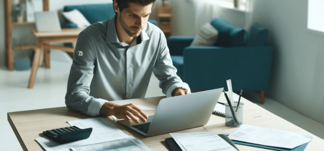 image montrant un entrepreneur travaillant sur son ordinateur portable à un bureau avec quelques factures et documents financiers