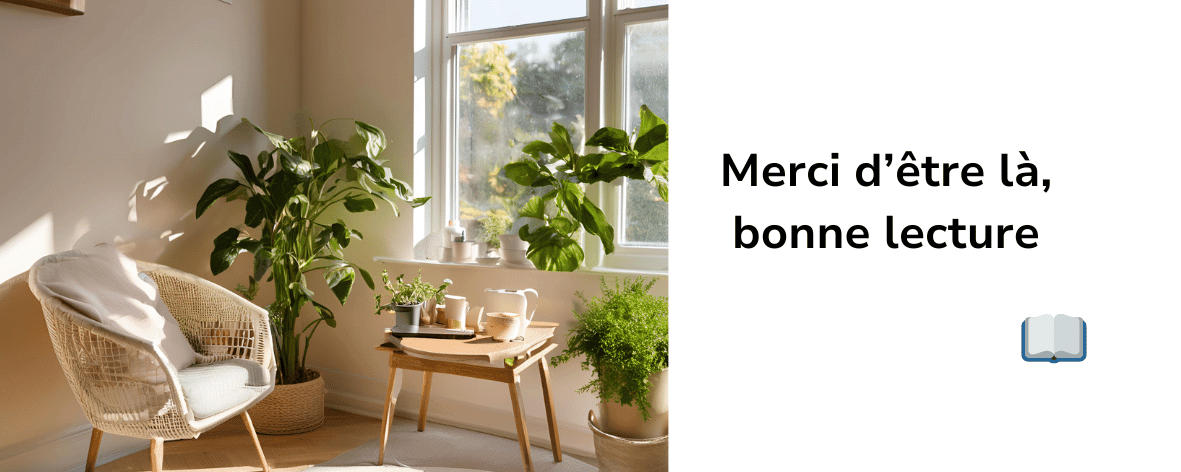 bandeau avec texte "bonne lecture" et photo d'un fauteuil entouré de plantes